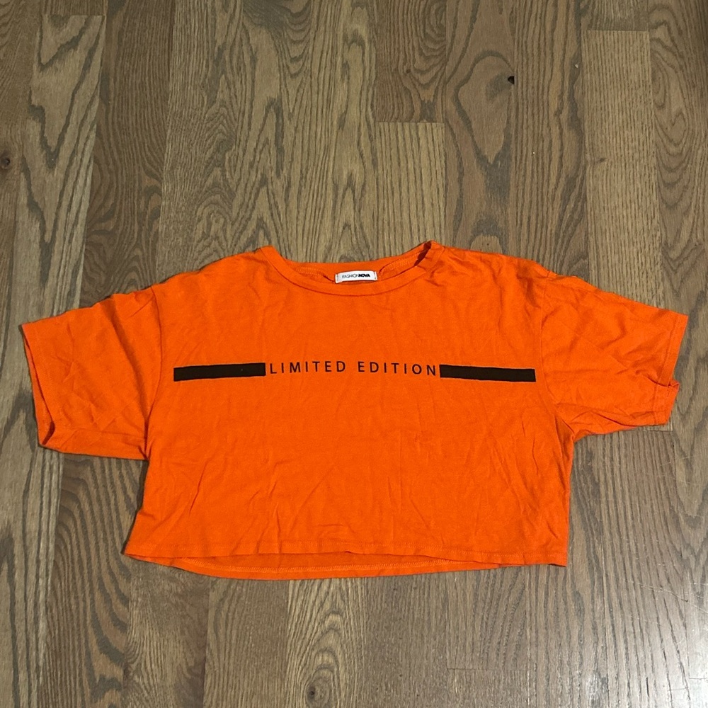 Orange Cropped T-Shirt with Black Print
